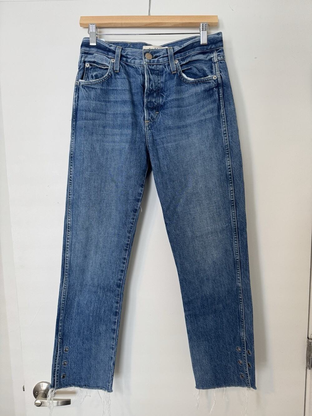AMO Babe Lace Up Love Note Raw Hem Straight Jeans Blue Denim 100% Cotton Women